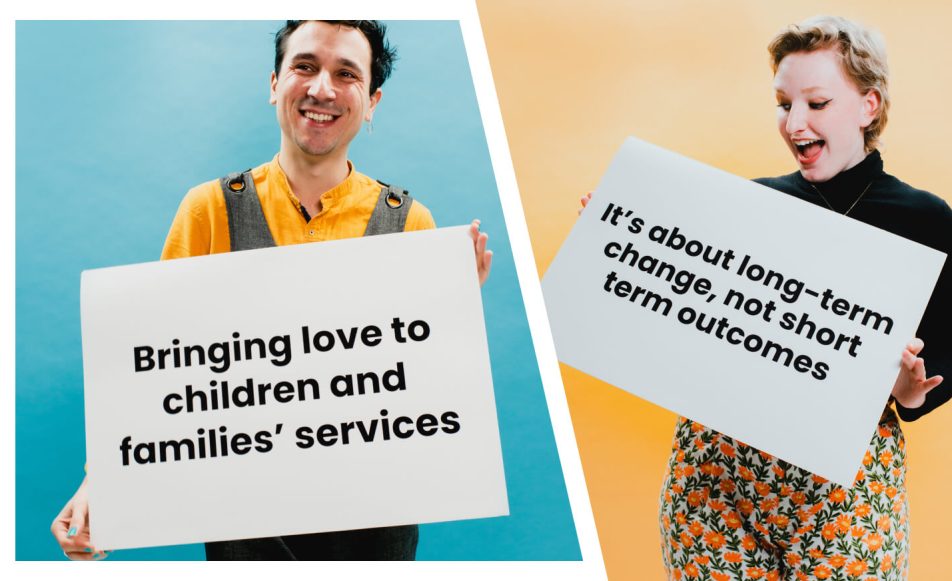Photos of tutors and mentors holding signs about our SEN and mental health support services for children and young people. The signs say 'bringing love to children and families' services' and 'it's about long-term change not short term outcomes'