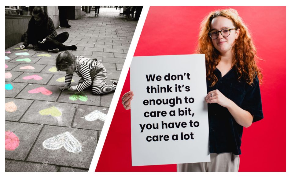 Photos of children and tutors holding signs about our SEN and mental health support services for children and young people. The signs say 'we don't think it's enough to care a bit, you have to care a lot'.