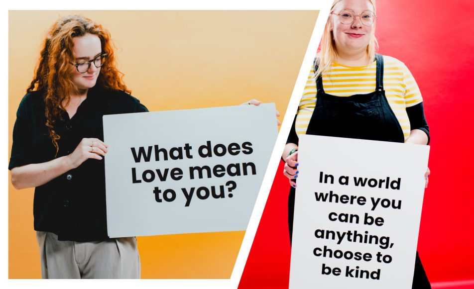 Photos of the team holding signs about our SEN and mental health support services for children and young people. The signs say 'what does love mean to you' and 'in a world where you can be anything choose to be kind'.