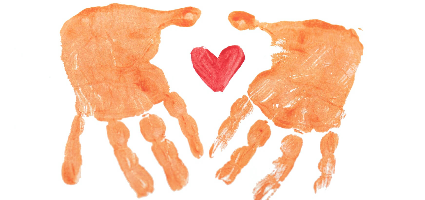 the image shows a child's painted handprint with a painted heart which represents our free creative support services for children impacted by mental health needs.